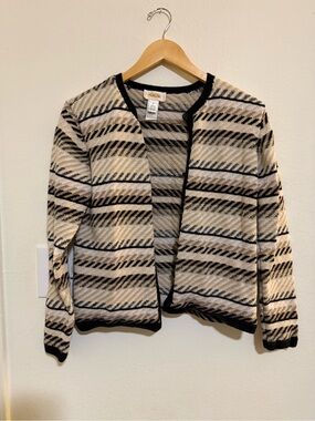 Talbots Cream and Black Striped Open-Front Cardigan